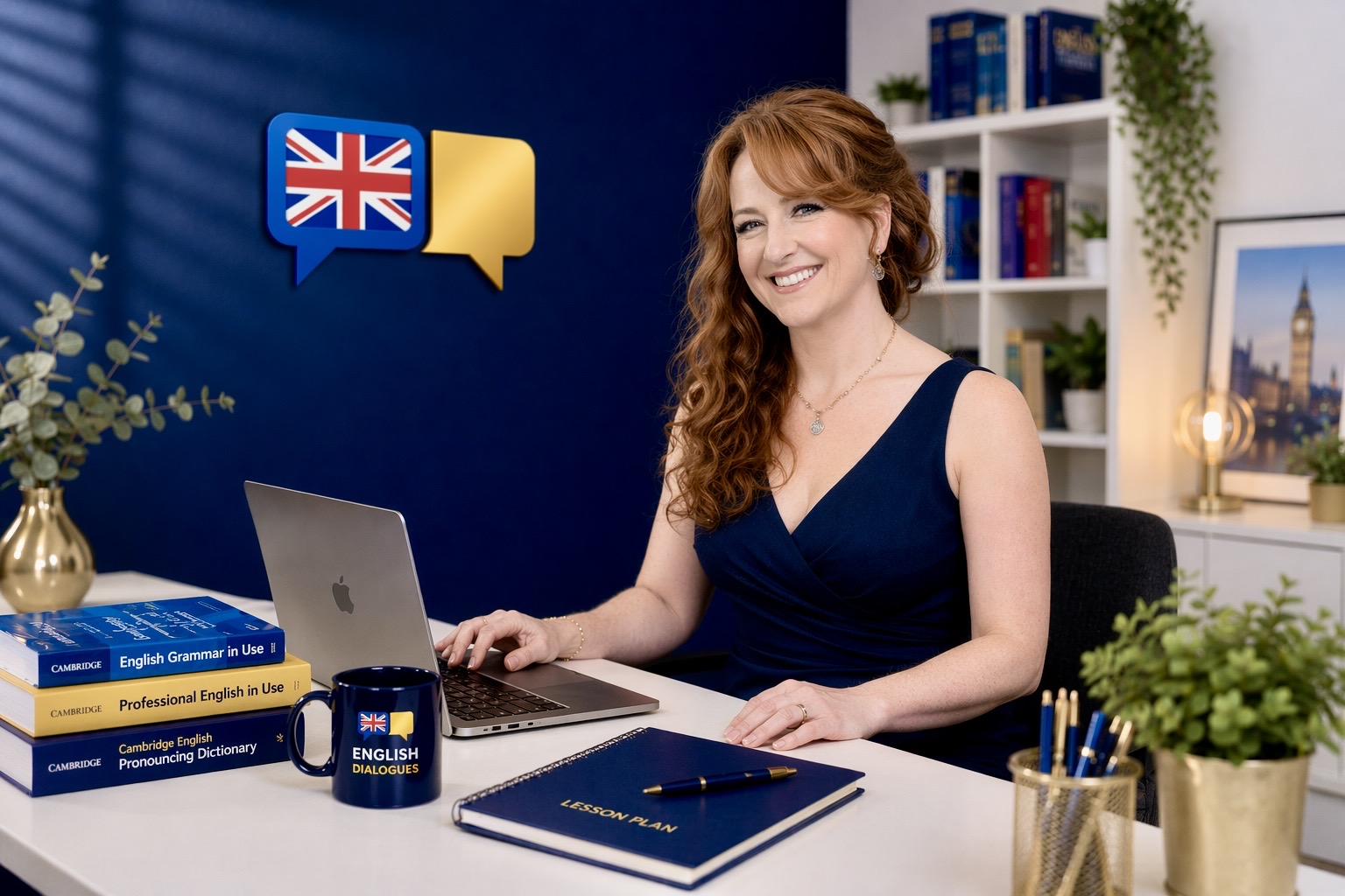 English Dialogues Founder in her office, working at her laptop